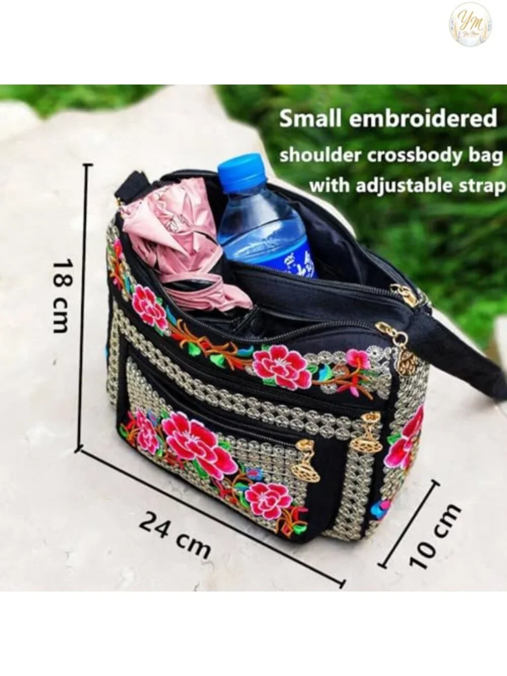 Canvas Embroidered Hobo Crossbody Bag, Adjustable Strap, Multipocket Purse